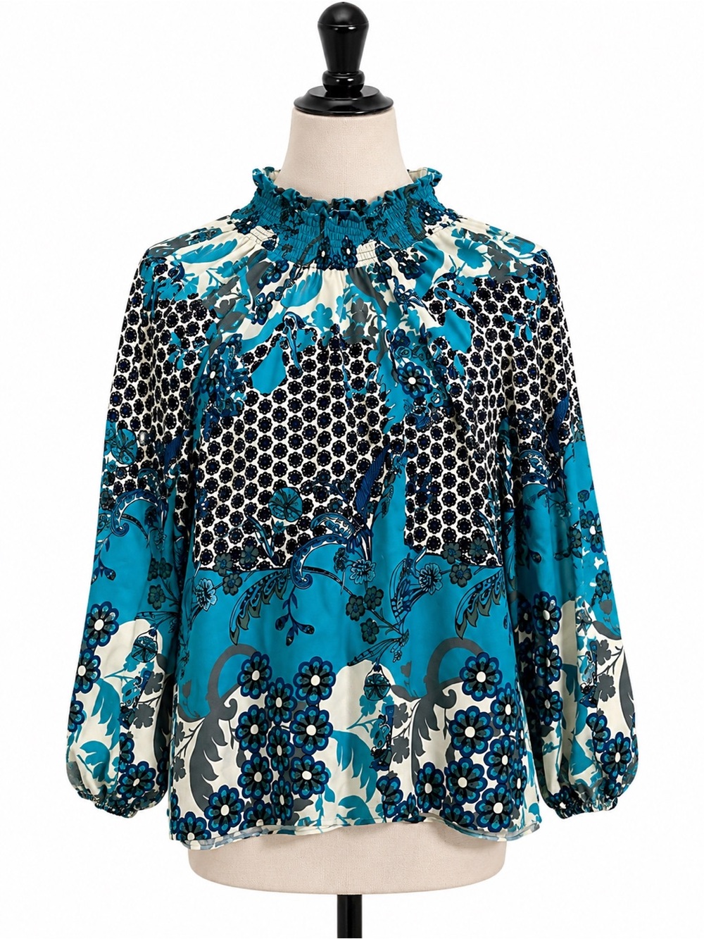 Sharon Young Teal Floral Smocked-Neck Blouse